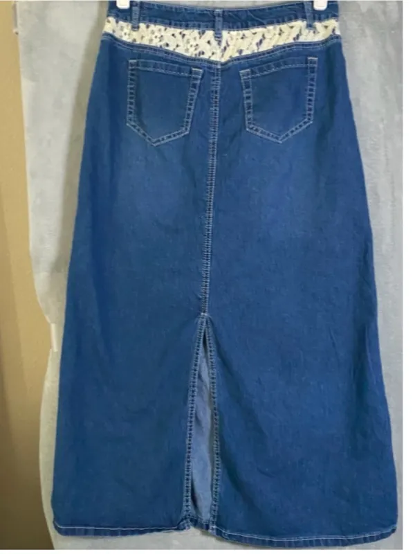 Vintage denim maxi skirt boho festival back slit size 6 Cato cottage lace detail - Image 8