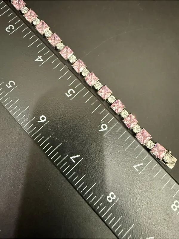 Vintage 925 Sterling Silver Princess Cut Pink CZ & Clear Round Tennis Bracelet - Image 15