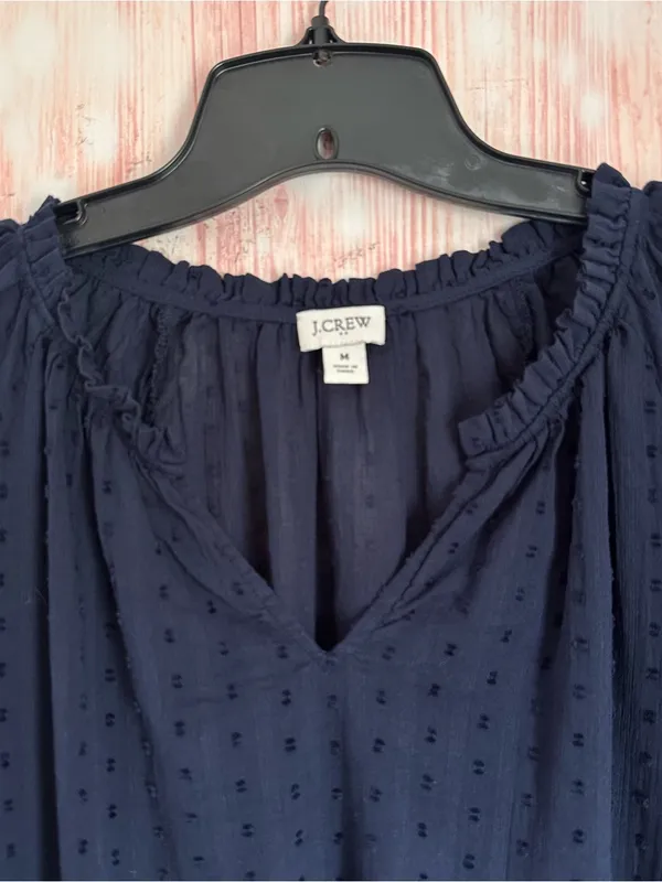 J. Crew Factory Navy Blue Swiss Dot Split Neck Ruffle Trim Blouse Size M - Image 5