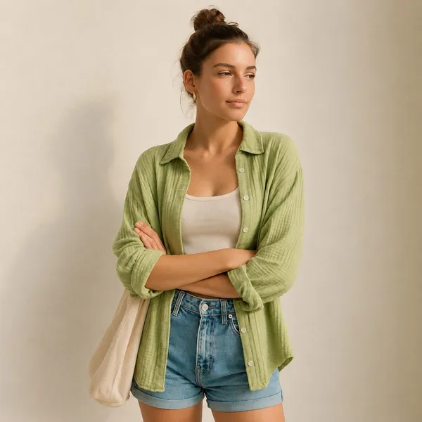 Princess Polly‎ Sage Green Gauze Cotton Oversized Button Down Coastal Boho Shirt - Image 2