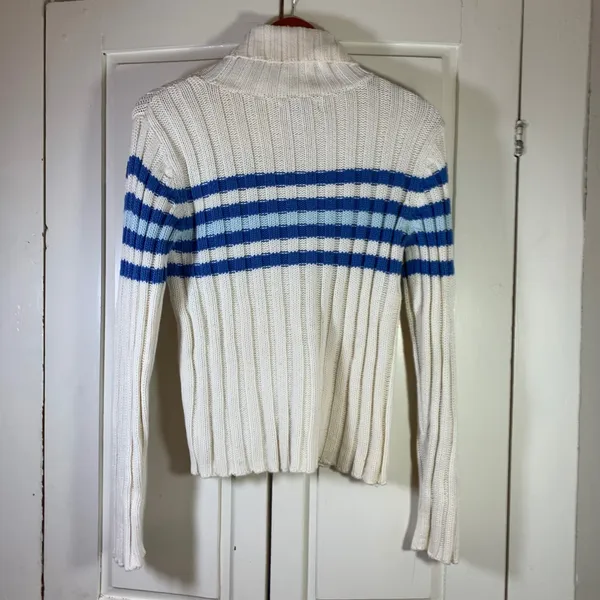 Aeropostale Womens Ribbed Turtleneck Sweater Blue Cream Striped‎ Ramie Cotton L - Image 6