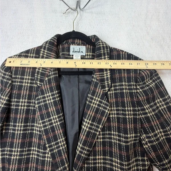 David N. Blazer Vintage Wool Plaid‎ Suede Trim Jacket Brown Black 10 Academia - Image 11
