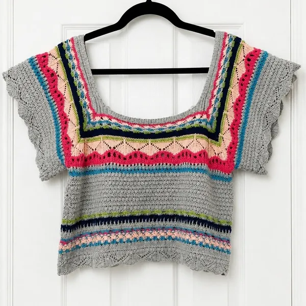 POL Crochet Knit Crop Top Large Gray Stripe Boho Bohemian Festival Open Shirt - Image 3