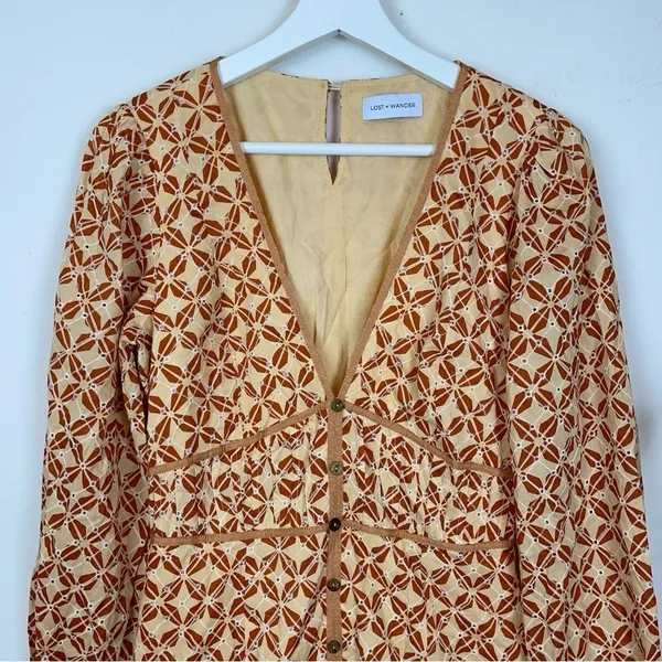 Lost + Wander Golden Dawn Orange Geometric Print Long Sleeve Boho Midi Dress S - Image 3