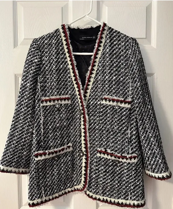 ZARA Black and White Tweed Jacket Blazer Sz L - Image 5