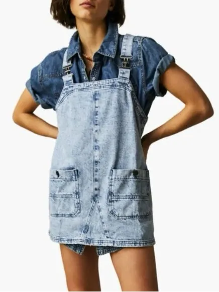 Free People We The Free Denim Overall Dress Indigo Medium - Image 11