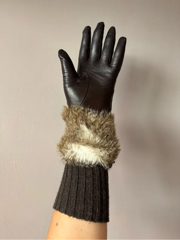 Club Monaco Women’s Chocolate Brown Leather Wool Cashmere Gloves Size Small - Image 7