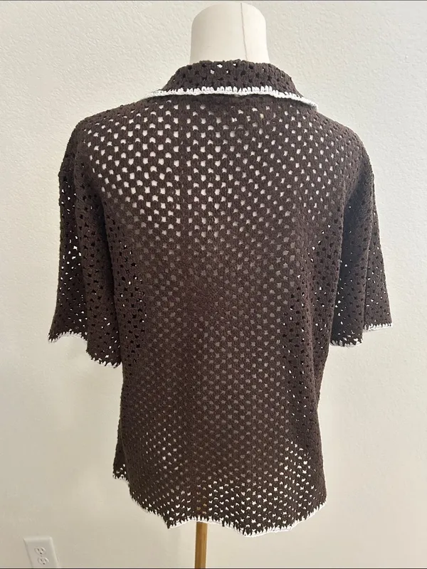 Elan Crochet Button-Up Cover-Up TOP, Brown/White, Size Medium, NWT - Image 5