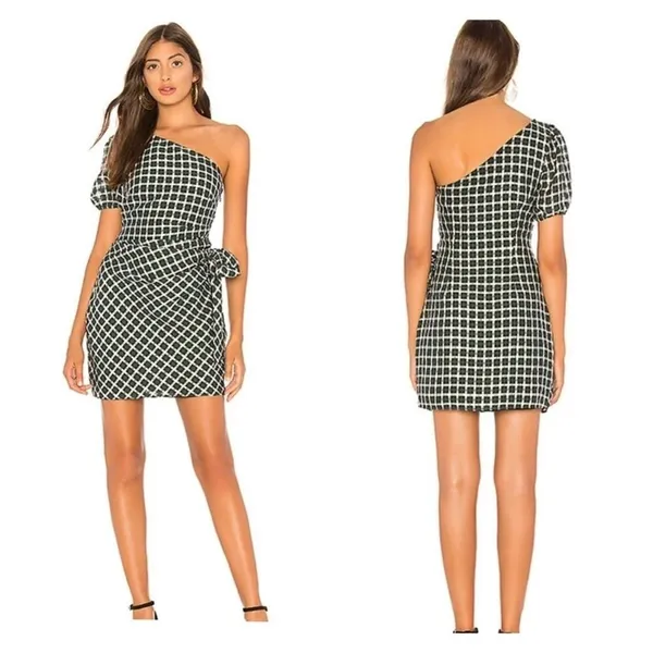 Tularosa One Shoulder Mini Dress Women's Size M‎ Green Plaid Wedding Guest - Image 4