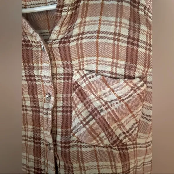 Free People Dusty Pink, Rust & Cream Soft Flannel Button Down Shirt. Relaxed Fit - Image 4