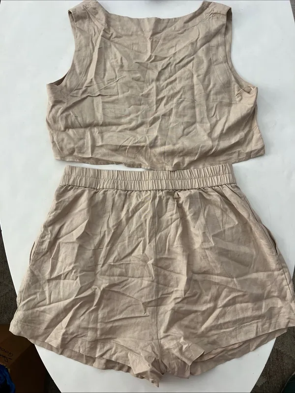 MABLE 2 Piece Matching Set - Sleeveless Crop Square Neck Tank Top & Shorts Tan L - Image 6
