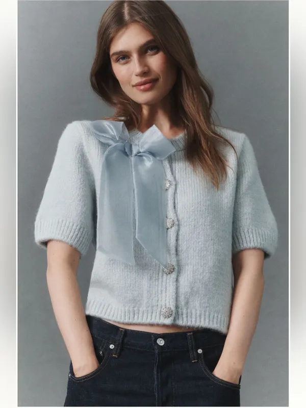 Anthropologie Maeve Short-Sleeve Bow Cardigan Sweater - Image 2