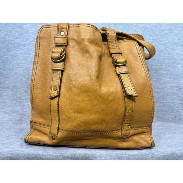 Vintage Fossil Mustard Yellow Pebbled Leather Tote Bag Brass Key Charm Boho - Image 8