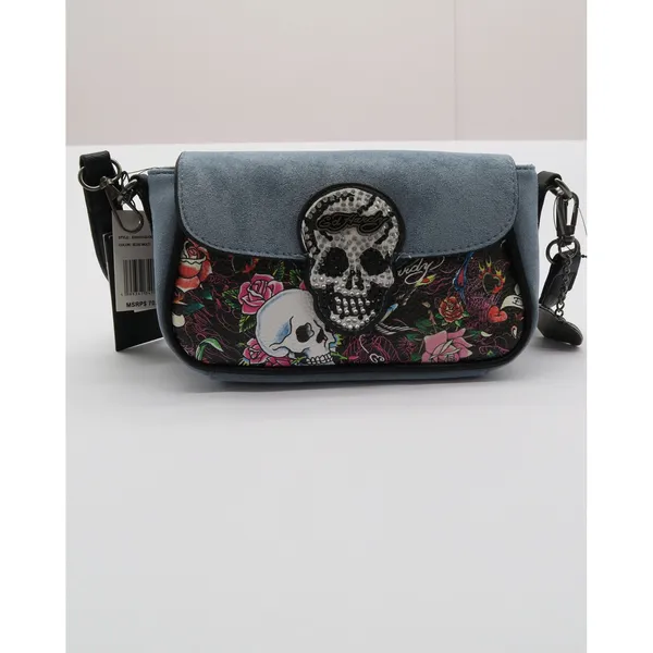 Ed Hardy Blue Suede Skull Floral Tattoo Crossbody Bag NEW - Image 10