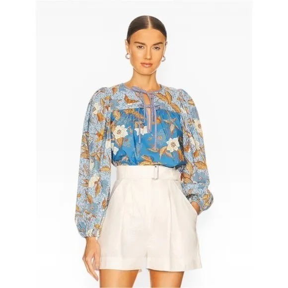Ulla Johnson Joanie Top Lapis Blue Bird Floral Print Puff‎ Sleeve Flowy Blouse S - Image 4
