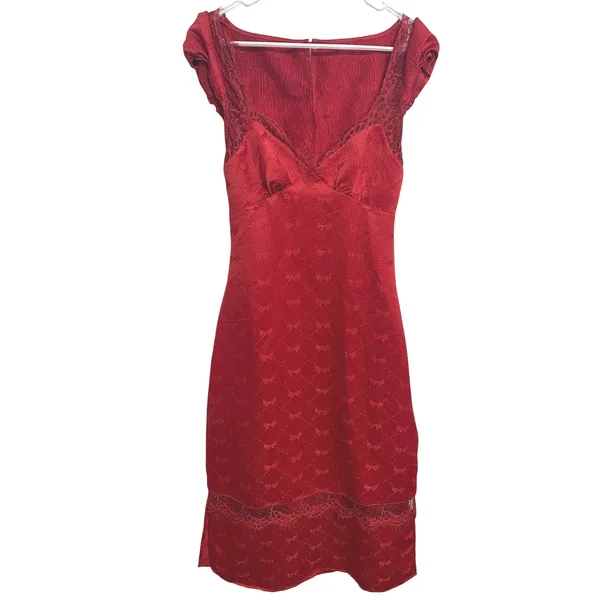 Free People Foolish Heart Midi Dress S Red Bow Jacquard Lace Romantic Coquette - Image 2