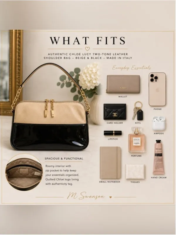Chloé Lucy Two-Tone Leather Shoulder Bag Beige & Black Patent Leather - Image 8