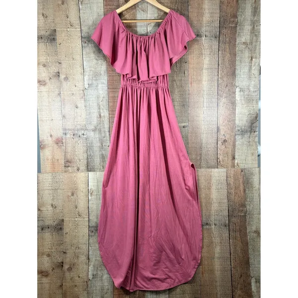 Pink Ruffle Off Shoulder Maxi Dress Boho XL Summer Romantic Vacation - Image 6