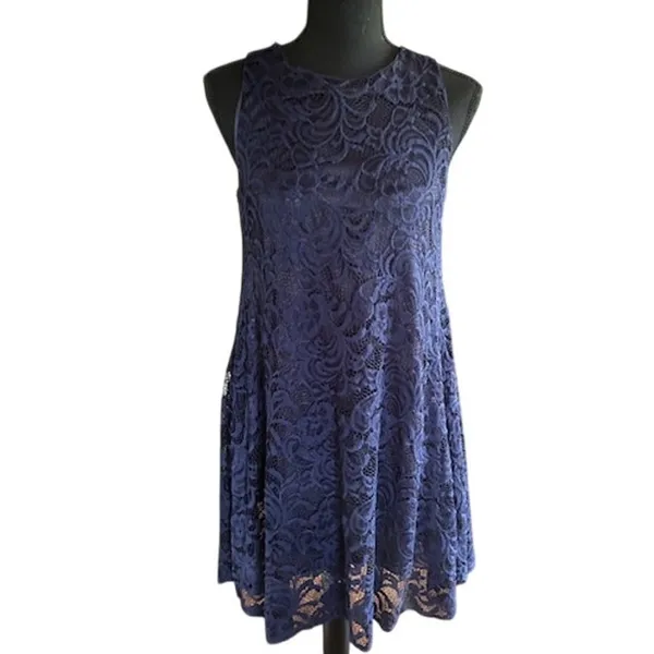 Altar'd State Navy Lace Fit Flare Dress Small Keyhole Back USA Made - Image 3