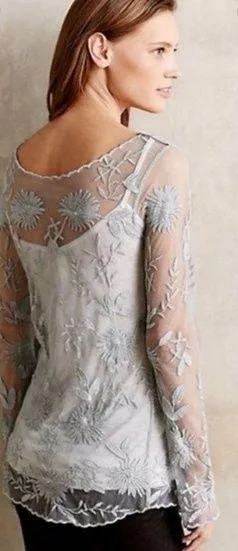 Everleigh Sheer Embroidered Snow Blossom Ivory Tunic Long Sleeve - Image 2