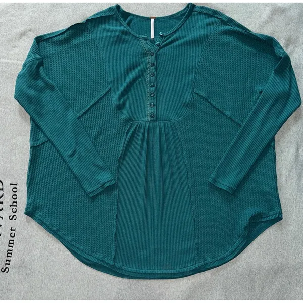Free People Waffle Knit Leo Henley Tee In Teal Green‎ Oversized Size Medium - Image 3