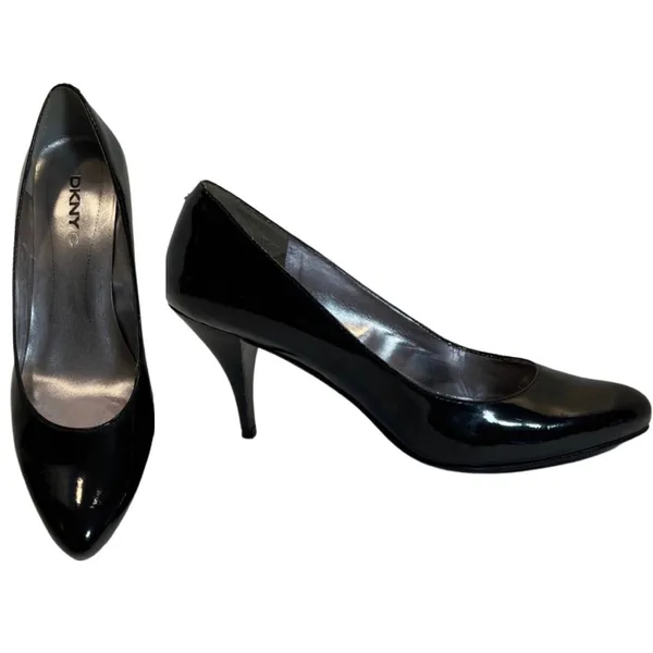 DKNYC Black Patent Pointed Toe Pump Slim Stacked Heel Pumps Stacy size 8 Office - Image 2