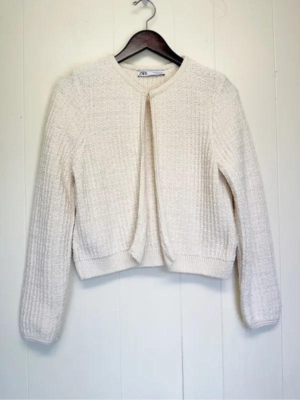 ZARA Textured Knit Cropped Cardigan Sweater Cream Ivory Luxury Size Small - Image 2