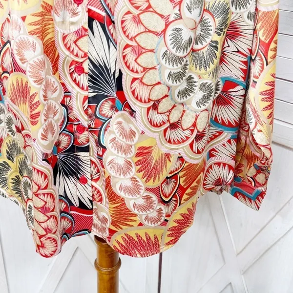 Jodifl Boho‎ Printed Satin Button Up Blouse Shirt Orange Multi Large - Image 7