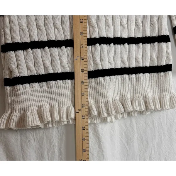 American Living White With‎ Black Stripes Sweater Women's Size Medium Ruffles - Image 10