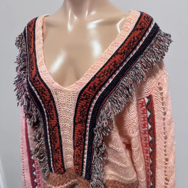 Free People Passion Fruit Peach Fringe Sweater Alpaca Wool Large Boho - Image 4