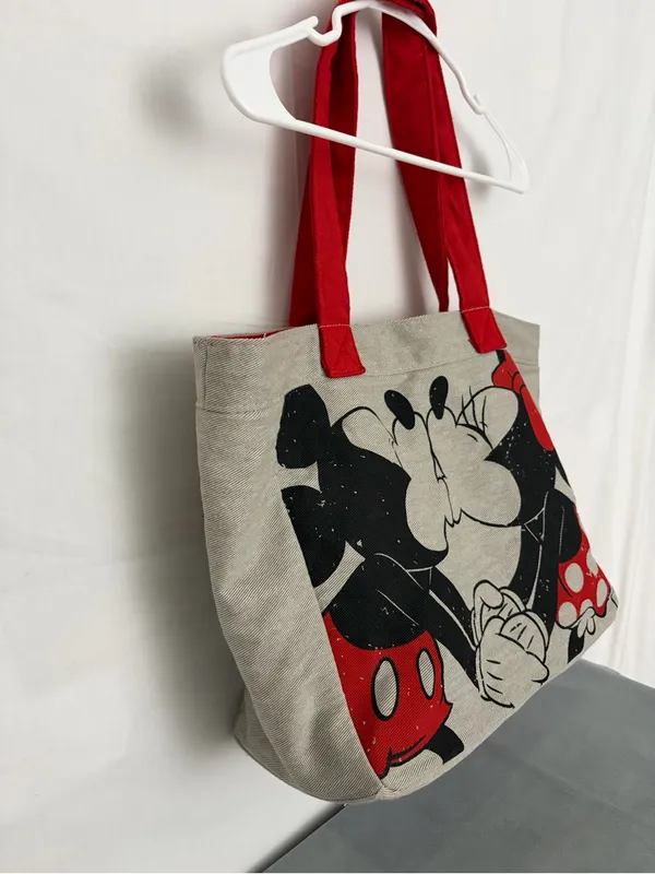 Disney Store Mickey Minnie Mouse Kissing Canvas Tote Bag Red Handles Pocket(F314 - Image 7