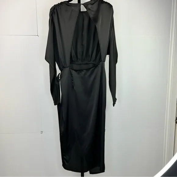 PrettyLittleThing High Slit Wrap Dress Womans 8 Black Satin Open Back Clubwear - Image 11
