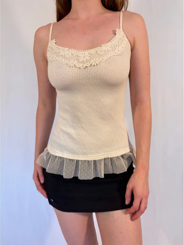Cream White Dainty Floral Embroidered Tulle Cami Vintage Top - Image 2