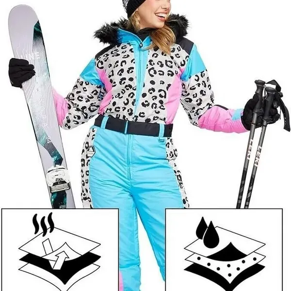 Tipsy Elves‎ Ski Snow Suit Women's Size S Snow Leopard Pink Blue Faux Fur Read - Image 3