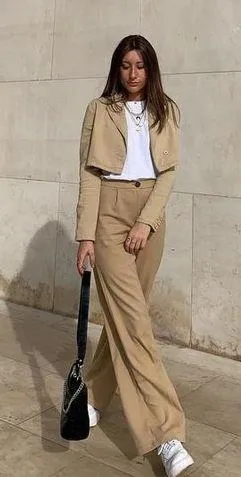 Bershka high waisted beige tan wide leg pants - Image 6