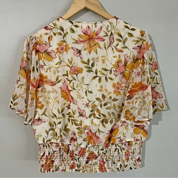 Haver + Blair Floral Smocked Blouse XL Gold Thread Boho Flutter Sleeve Top - Image 7
