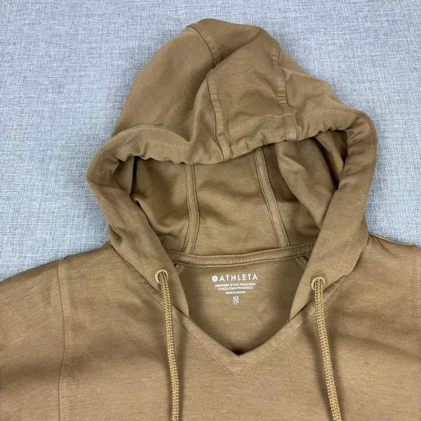 Athleta Hoodie Womens XS Brown V-Neck Pullover Jersey Pockets Logo Stretch - Image 2