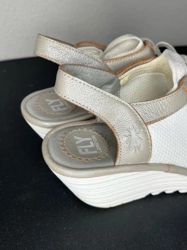 Fly London White & Solver Yedu Lace Up Peep Toe Wedge Sandals Size EU 39 - Image 7