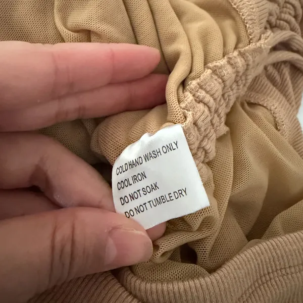 HELLO MOLLY Ribbed Knit Bodycon Ruched Tan Brown Midi Dress Sz M - Image 9