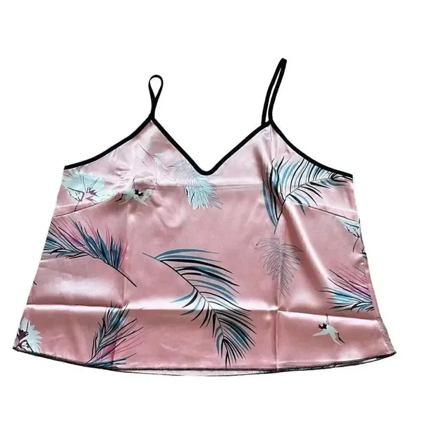 Bohemian Retro Plant Print Pajama Set, V Neck Cami Top & Short SZ L # 1636 - Image 6