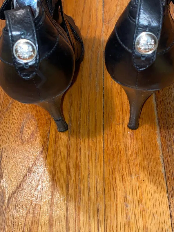 Coach Black Leather Peep Toe Button Gladiator Heels - Image 5
