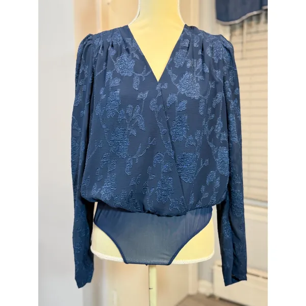 Lulus Navy Blue Floral Jacquard Surplice Long Sleeve Bodysuit Medium Dressy Chic - Image 2