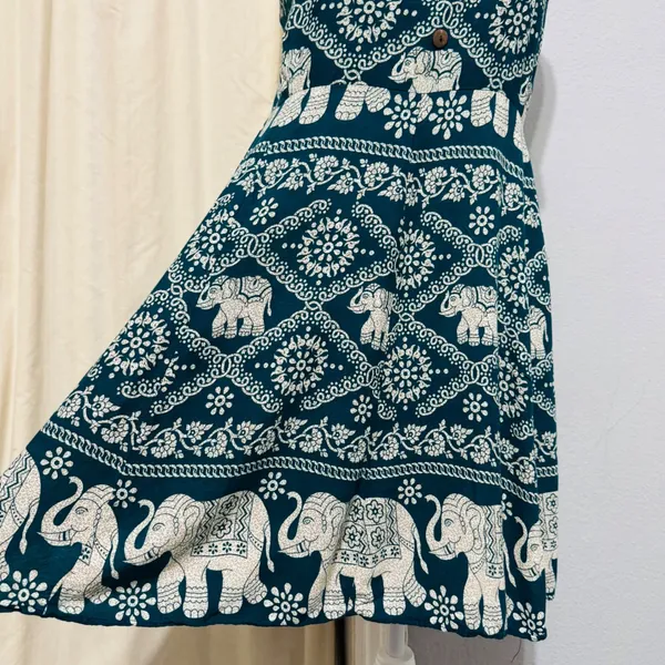 Boho Elephant Print Sundress Dress Size‎ S Teal Cream Smocked Back Mini Thailand - Image 3