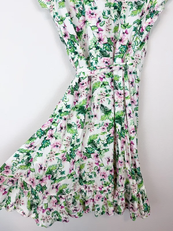 Juicy Couture Allover‎ Floral Wrap Dress Ruffle White Green Pink Size 0 - Image 8
