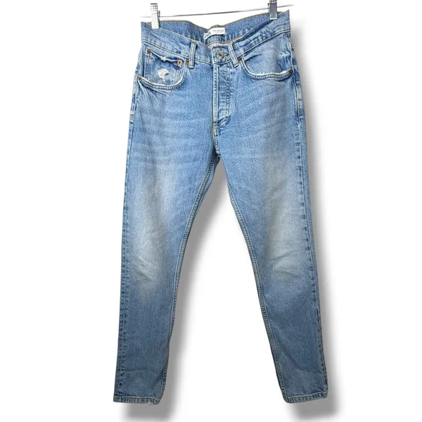 Zara Light Wash Distressed Denim Button Fly Mid-Rise Straight Leg Jeans Size 30 - Image 2