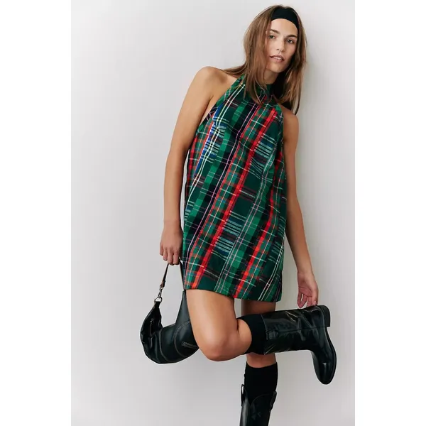 Free People Retro Plaid Cityscape Mini Dress Size Medium Grunge Punk Preppy - Image 6