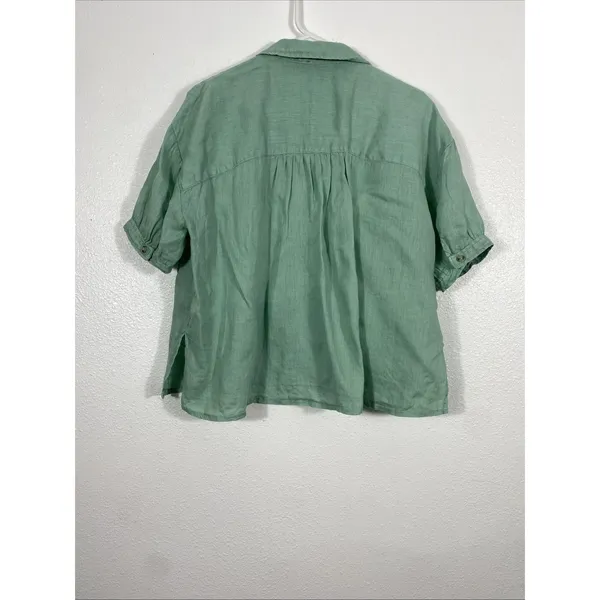 Pilcro Anthropologie Green Linen Blend Short Sleeve Button Up Cropped Shirt S - Image 6