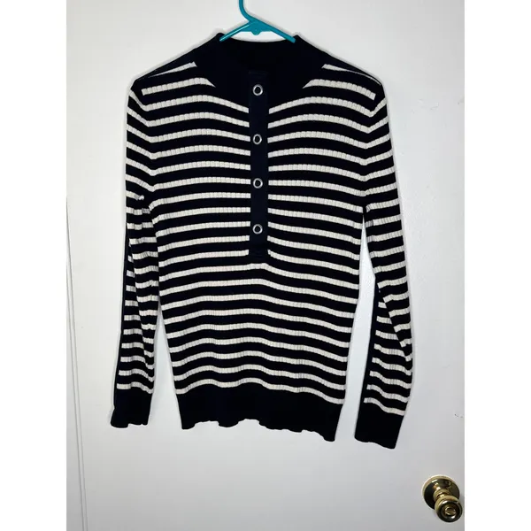 Ralph Lauren Black White Striped Button Mock Neck Ribbed Pullover Size L Cotton - Image 2