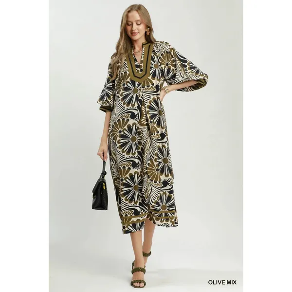 Umgee Abstract Print Midi Dress - Olive Mix - Small - Image 4