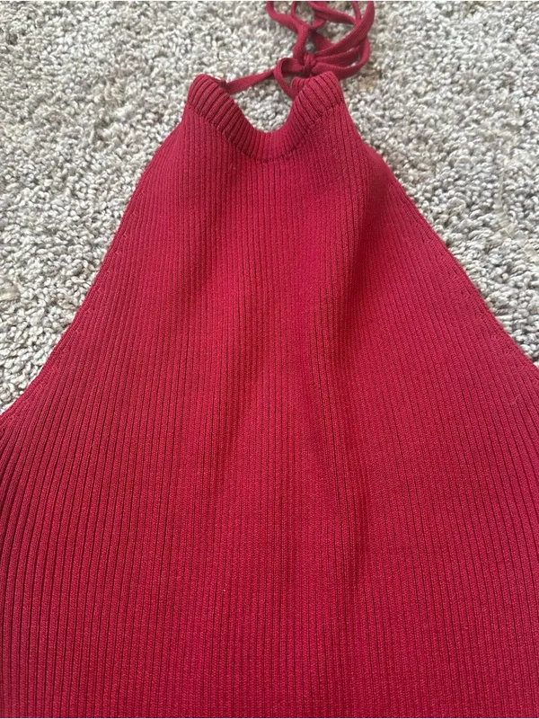Shop Priceless Sleeveless Ribbed Halter Mini Dress in Deep Red - Image 3